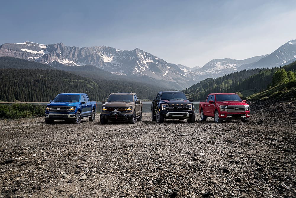 Pack of 4 different 2026 Ford F-150 vehicles.